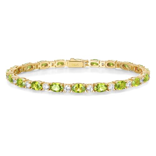 Wyyxl 4mm Oval Peridot Bracelets for Women - 7.5 Inch Length 14K Gold Plated Silver Sparkly CZ and August Birthstone Tennis Bracelet 13.4 Carat