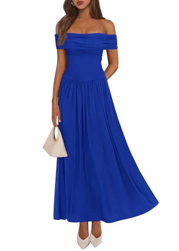 KIRUNDO Womens Off The Shoulder Maxi Dress 2026 Spring Summer Pleated Flowy Cocktail Wedding Guest Long Dresses Pockets(Royal Blue, X-Large)
