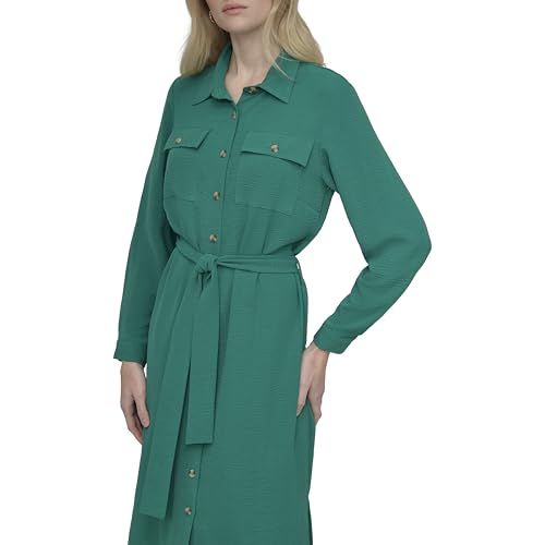 Image of DKNY Women's Long Sleeve Collared Tie Waist Midi Shirtdress