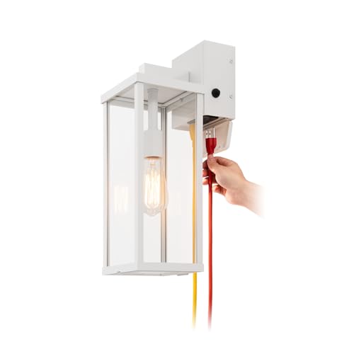 Image of mirrea 18 inch Classic Outdoor Wall Sconce with Built-in GFCI Outlet 1 Light in Matte White Rectangular Metal Frame and Clear Glass Shade Waterproof Porch Light Patio Light