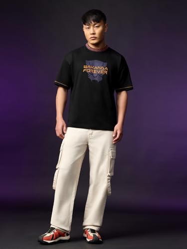 Image of The Souled Store: Black Panther Wakanda Forever Men and Boys Short Sleeves Round Neck Graphic Printed Cotton Oversized Comfortable Lightweight All-Season T-Shirt