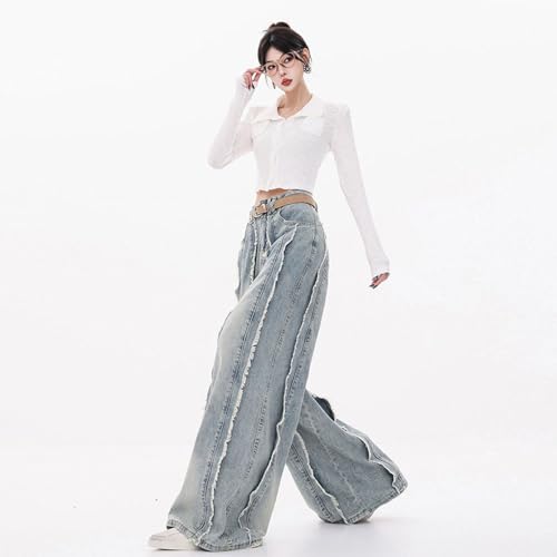American Retro Wasteland Style Su Splicing Design, Denim Niche Loose Straight Leg Wide Leg Floor Pants4