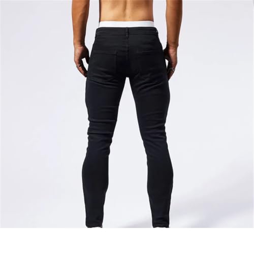 Men's Muscle Jeans Elastic Slim Fit Perforated Patch Street Tight Pants4
