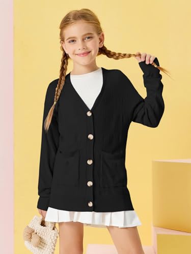 Image of Girls Cardigans Kids Fashion Open Front Long Sleeve Knit Sweaters Outerwear with Pockets 5-14 Years Black
