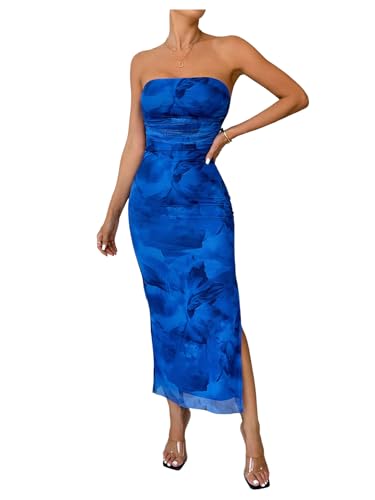 Image of GORGLITTER Women's Floral Strapless Bodycon Wedding Guest Dress Vacation Summer Birthday Tropical Maxi Long Sun Dresses