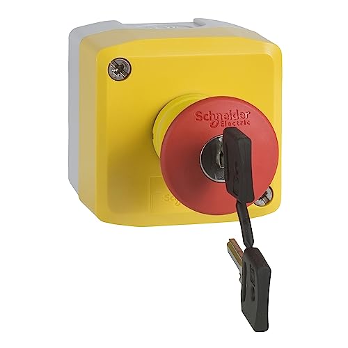 Schneider Electric XALK188F Plástico Estación de Control, Tapa Amarilla, 1 Pulsador Seta Rojo 40 Ø+2NC, Gris Claro