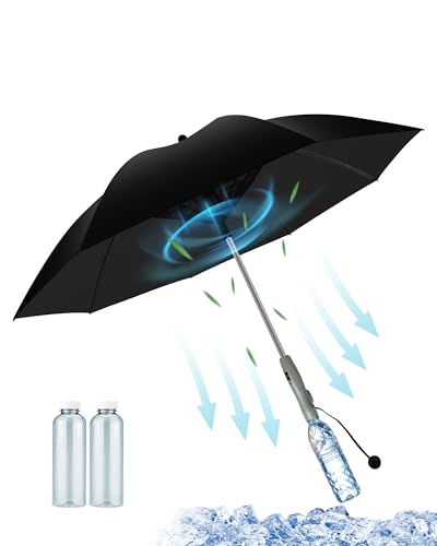 Umbrella with Fan and Mist Spray - 3 in 1 UV Blocking with Fan and Mister, Includes Water Bottle, USB Rechargeable Cooling Sun Umbrella for Heat Protection, Beach, Golf, Patio