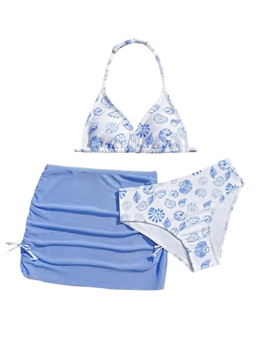 Image of RoseSeek Girl's 3 Piece Cute Bowknot Bathing Suit Halter Triangle High Waisted Swimsuit with Beach Cover Up Skirt