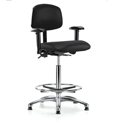 Image of Perch Chrome Stationary Multi-Task Office Chair with Adjustable Armrests and Foot Ring | High Bench Height 24-33.5 inch | Black Fabric