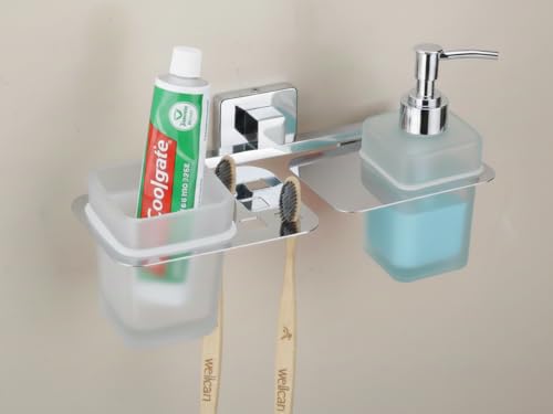 Image of Stainless Steel Toothbrush Holder with Glass Tumbler & Liquid Soap Dispenser Set - Wall Mounted 2-in-1 Bathroom Organizer, Chrome Finish (Square /Frosted Glass)