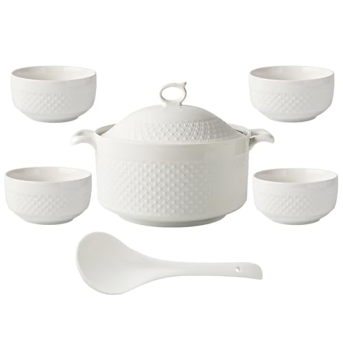 NNYCC Soupière avec Bols, Soupe Service Bol en Porcelaine avec Couvercle et Louche Ensemble de Vaisselle Blanche pour la Cuisine à Domicile et le Restaurant,1.8l+4
