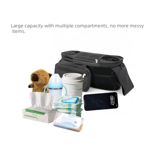 Kinderwagen Organizer Universal, Kinderwagen Tasche mit 2 Isolierten Getränkehalter, Buggy Kinderwagentasche mit Schultergurt und Stauraum für Windeln&Handys, Schwarz Baby Stroller Bag
