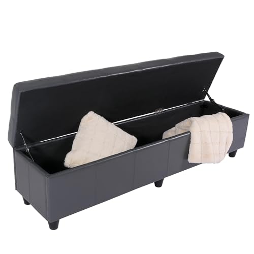 Mendler Bank Sitzbank mit Aufbewahrung Kriens XXL, Leder + Kunstleder, 180x45x45cm - grau