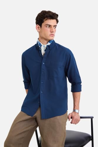 Image of SNITCH Men Casual & Semi-Formal Shirt | Regular Fit Long Sleeve Button-Down Collar Solid Oxford Style | 100% Cotton Breathable Fabric for Office, Date Night