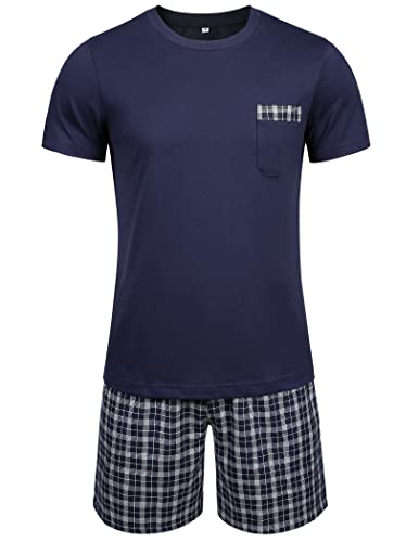 Pyjama court pour homme en coton ensemble nuit manches courtes et col rond bleu