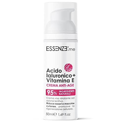 Crema Viso Antirughe Acido Ialuronico e Vitamina E | 95% NATURALE | Azione Idratante, Lenitiva e Liftante per Viso Contorno Occhi e Decollété | 50ml