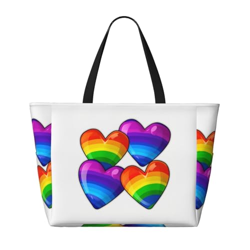 Rainbow Colored Gay Pride Hearts Beach Bags For Women Large Waterproof Sandproof Beach Tote Bag Pool Bag Lightweight Zipper Carry On Bags For Gym Travel Vocation2