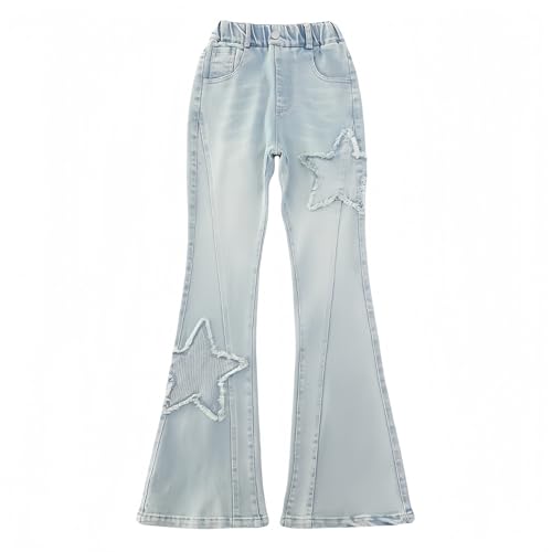 Yuetide Jeans à Pattes d'éléphant Fille 5-13 Ans Pantalon Denim Évasé Enfant Vintage Taille Haute Pants Décontracté Printemps Automne étoile 9-10 Ans