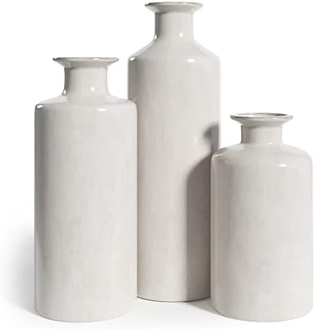 Barnyard Designs Ceramic Stoneware Vase Set, Farmhouse Ceramic Vases Home Decor, Neutral Home Decor for Shelves, Pottery Decorative Vases for Home Decor Farmhouse, Ivory, Set of 3, 9.25"/7.5"/5.5"