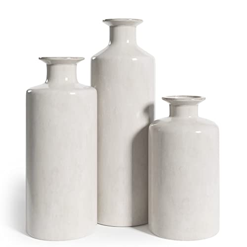 Barnyard Designs Ceramic Stoneware Vase Set, Farmhouse Ceramic Vases Home Decor, Neutral Home Decor For Shelves, Pottery Decorative Vases For Home Decor Farmhouse, Ivory, Set Of 3, 9.25"/7.5"/5.5" #TOP5