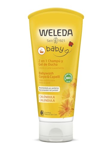 WELEDA Bio Calendula Baby Waschlotion & Shampoo - veganes Naturkosmetik Duschgel zur Hautpflege / Haarpflege bei Neugeborenen. Babypflege Dusche für empfindliche Haut, mild zu den Augen (1x 200ml)