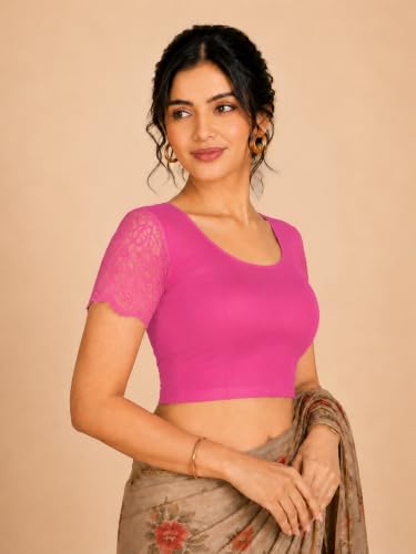 Image of Abhi Cotton Readymade Saree Blouse for Women- Half Net Sleeves, Round Neck, Regular-fit, Stretchable, Pull-on Style Blouse