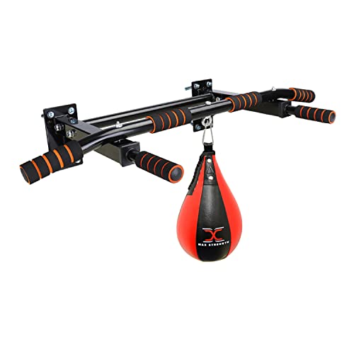 Max Strength Barres de traction murales avec balle de vitesse en forme de poire pour boxe, punch, MMA, gym, fitness, entraînement Muay Thai, arts martiaux (support noir avec balle de pose) Cover