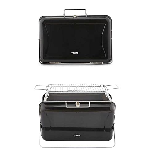 Tower T978516BLK Stealth Portable Charcoal Briefcase BBQ with Carry Handle, Compact Design, Black