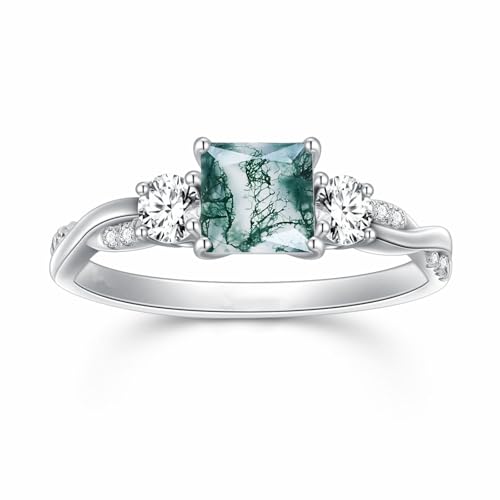 Blocaci Natural Moss Agate Engagement Rings for Women Princess Cut