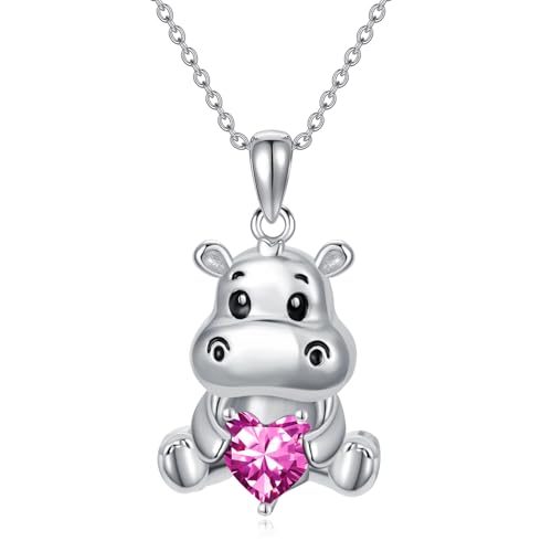 Image of PROESS Animal Birthstone Necklace 925 Sterling Silver Otter /Axolotl /Hippo /Elephant /Dachshund /Monkey /Red Panda Pendant Necklace Animal Birthstone Jewelry Gifts for Women