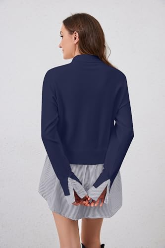 Image of MISSACTIVER Women Slit Turtleneck Patchwork Sweater 2 in 1 Buttons Down Pullover Knit Sweater Asymmetrical Hem Shirt Top