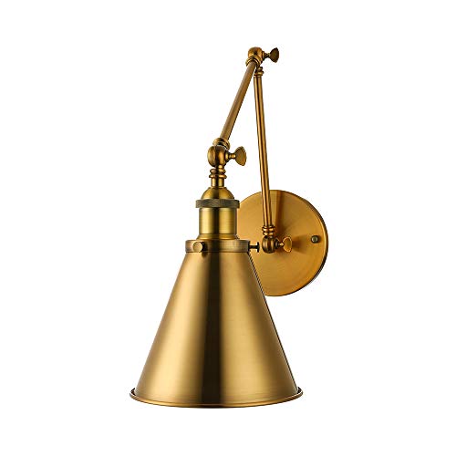 Litfad Adjustable Brass Finish 1 Light Wall Sconce 7" Industrial Swing Arm Wall Lamp Mounted Lighting Fixture With Cone Shade Rotatable Brass Arm Sconce For Living Room Bedside Hallway Foyer #TOP3