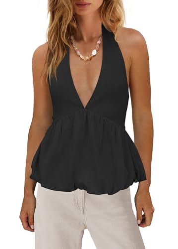 SENSERISE Womens Halter Tops Bubble V Neck Tops Sleeveless Blouses Casual Sexy Shirts Tie Backless Shirt