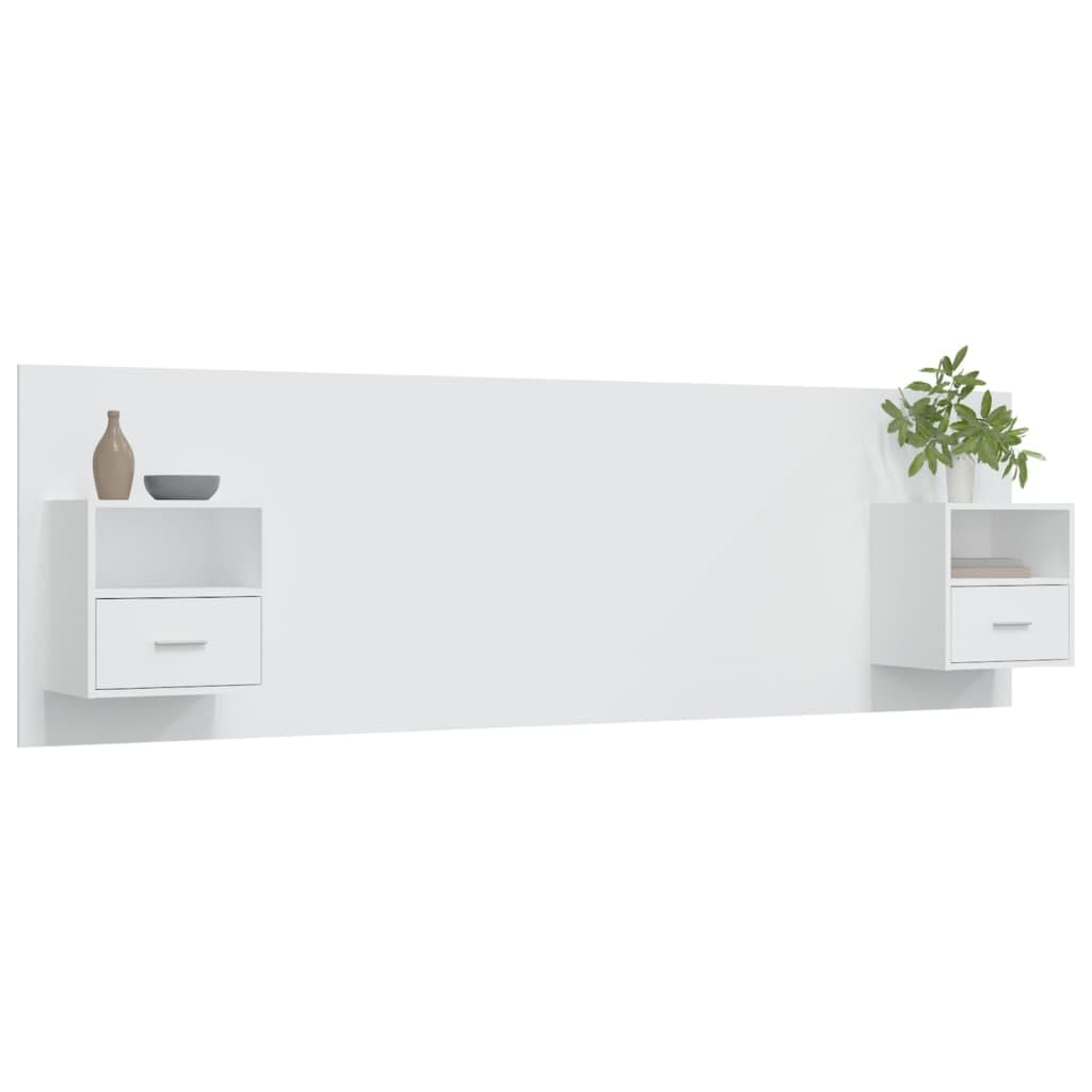 Tête de lit blanche avec tables de chevet intégrées, en bois durable, 160 cm de large, montage mural pour chambre à coucher, comprend deux étagères