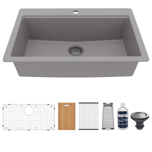 Karran QTWS-875 33" Top Mount Quartz Composite Workstation Kitchen Sink, Drop-In Single Bowl with Cutting Board, Roll-Up Drying Mat, Colander and Bottom Grid (Grey, Standard)