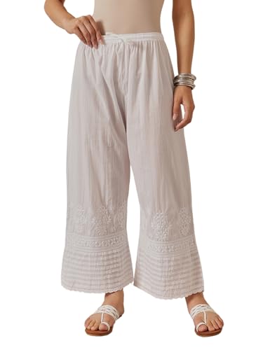 Ada Indian Hand Embroidered Chikankari White Cotton Palazzo Pant for Women A711170