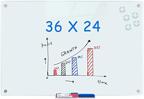 Glass Whiteboard, 3'x 2' Glass Board Magnetic Dry Erase Board on Wall Frameless, 36 x 24 inches Tempered Glass Dry Erase Board with Acrylic Pen Tray, 3 Markers, 1 Eraser, 5 Magnets