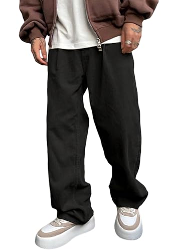 Verdusa Men's Casual Drawstring Elastic Waist Wide Leg Pants Long Trousers with Pockets
