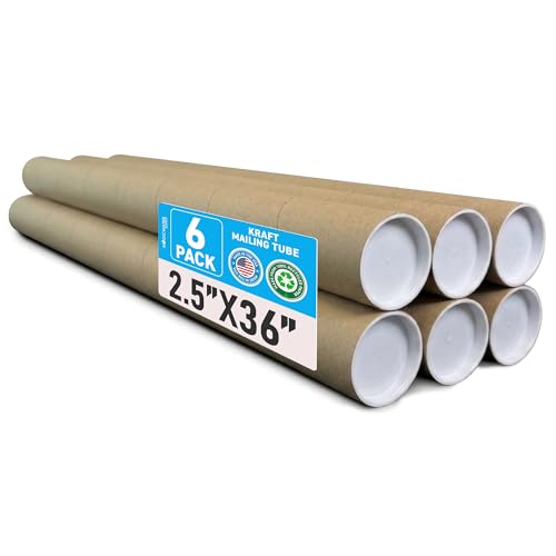 MagicWater Supply 2.5 x 36 Inch Kraft Mailing Tubes with End Cap - 6 Pack