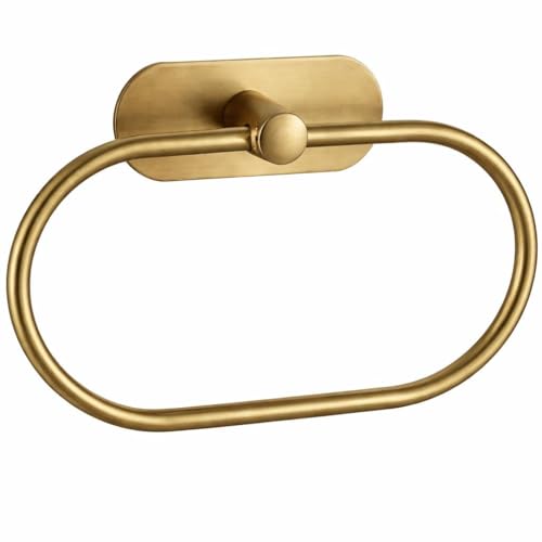 Image of Oslen Magic Sticker Towel Ring Holder for Bathroom - Self Adhesive Wall Mount Hand Towel Hanger Without Drilling, Brushed Antique Brass Gold Finish, Rustproof Stainless Steel (Pack of 1)