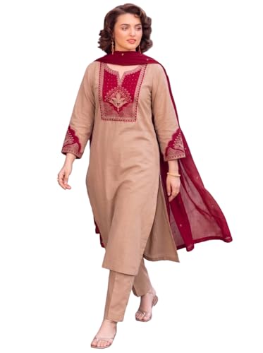Image of ANNI Designer Kurta Set for Women Viscose Blend Embroidered | Kurta Pant Dupatta Set for Woman | Straight 3 Piece Outfit V Neck 3 /4 Sleeve Stylish Ethnic Dress Trendy Womens Clothing
