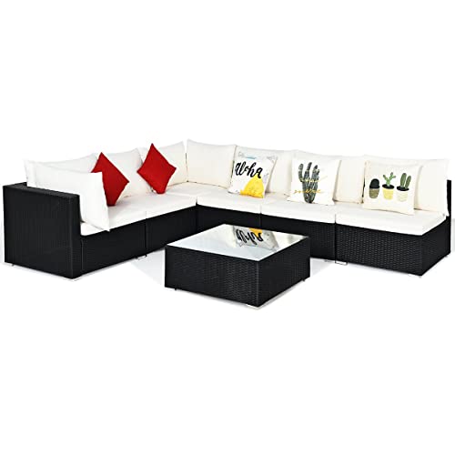Image of DEVOKO 6 Seater Wicker Outdoor Garden Sectional Conversation Furniture with Glass Top Table & Waterproof Cushion for Patio, Deck, Lawn, Poolside (Black & White)