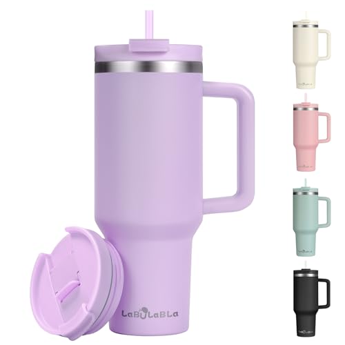 Image of Labulabla 40oz Tumbler with Handle,Double Wall Vacuum Reusable Stainless Steel Insulated Water Bottle,With Leak Proof lid and Straw for Iced or Cold Beverages (Lavender Purple)