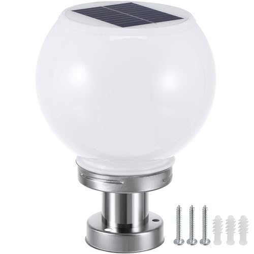 Globe Solar Lamp Post Light,White Outdoor Round Ball Lamp Post lamp,Globe Solar Pillar Lights for Pathway Driveway Front Back Door