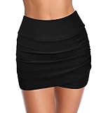 SHEKINI Damen Schwimm Skorts Elegant Irregulär Baderock Geraffelte Hohe Taille Strandrock Tankinis Schwimmrock Basic Bikinirock Bademode (L, Schwarz)
