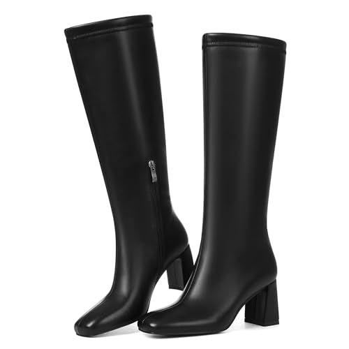 Eteridrey Square Toe Knee High Boots for Women Wide Calf Low Chunky Heel Tall Boots Comfortable Fashion Dress Long Boots with Side Zipper2