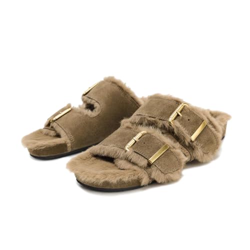 Women's Fuzzy Fur Slide Sandals Open Toe Double Strap Fluffy Slippers Taupe Suede Indoor House Flat Slides2