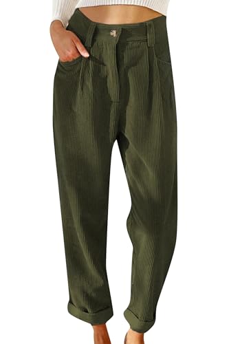WIWIQS Women's High Waist Straight Leg Pants Solid Casual Corduroy Pants Trousers with Pockets