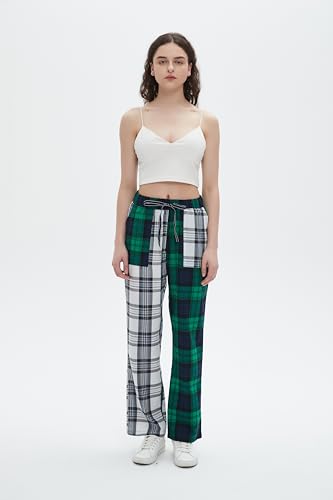LifeShe Women Tartan Plaid Print Pants Drawstring Elastic Waist Christmas Pant Baggy Straight Leg Trousers4