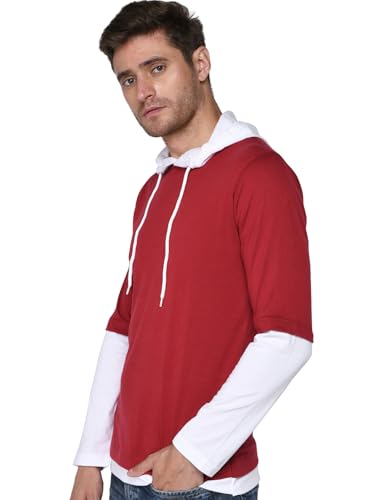 Image of The SV Style Men's Layered Long Sleeve Hoodie, Red and White, Cotton Blend, Casual Pullover